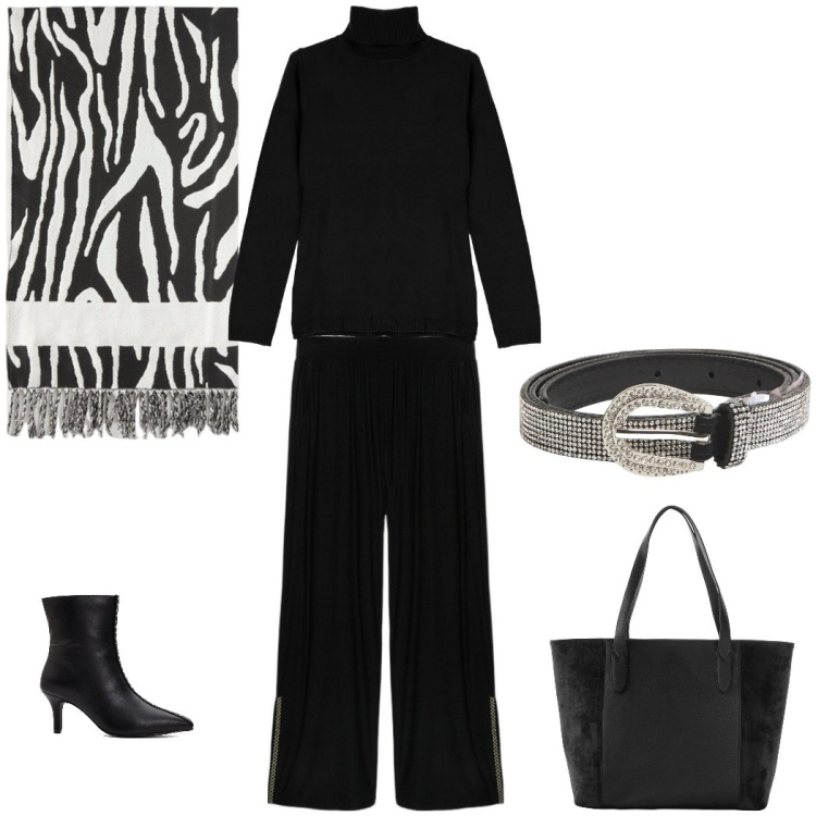 Outfit donna - Total black con la sciarpa zebbrata. Stile Glamour per Tutti i giorni. Abbinamento con shopping bag, stivaletti, cinture, maglieria, pantaloni a palazzo, sciarpe.