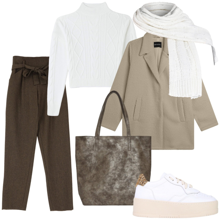 Outfit donna - Total look #2039111. Stile Minimal per Tutti i giorni. Abbinamento con borse tote, maglieria, sciarpe, pantaloni, sneakers, cappotti.