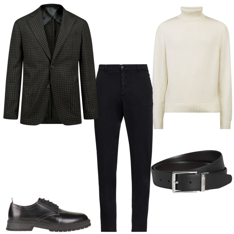 Outfit uomo - Ufficio casual chic. Stile Casual per Ufficio. Abbinamento con scarpe stringate, cinture, pantaloni chino, giacche, maglieria.
