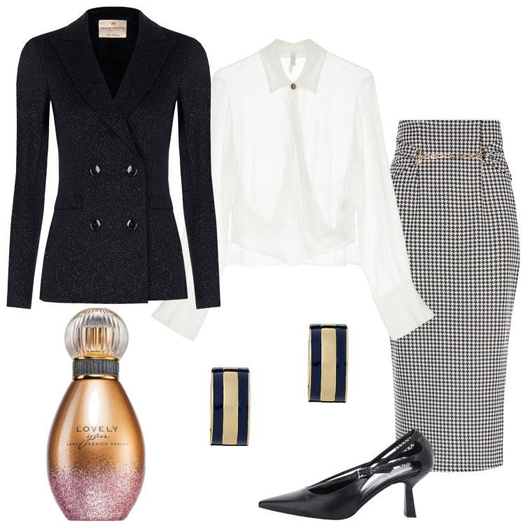 Outfit donna - La gonna midi. Stile Chic per Ufficio. Abbinamento con profumi, camicie, décolleté, gonne longuette, blazer, orecchini.