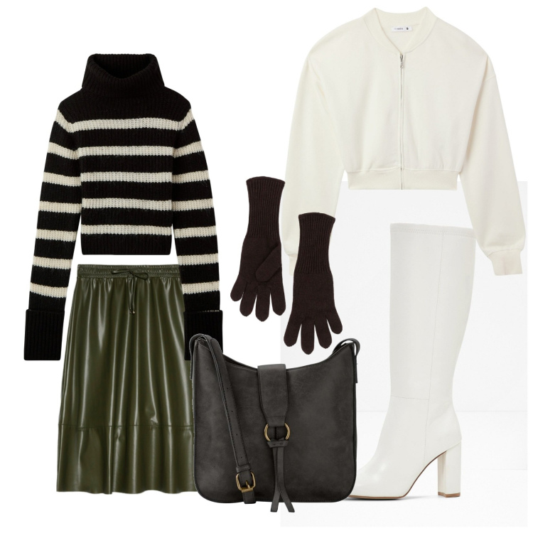 Outfit donna - Total look #2039126. Stile Casual per Tutti i giorni. Abbinamento con borse a tracolla, stivali, maglieria, bomber, guanti, gonne longuette.