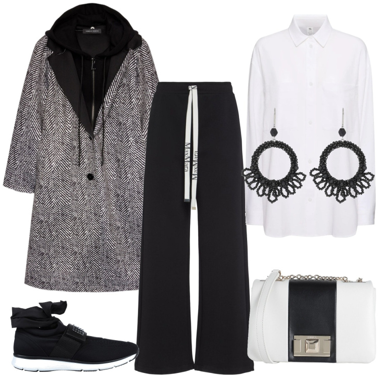 Outfit donna - Sportiva in bianco e nero. Stile Sporty chic per Tutti i giorni. Abbinamento con sneakers, borse a tracolla, cappotti, pantaloni, orecchini, camicie.
