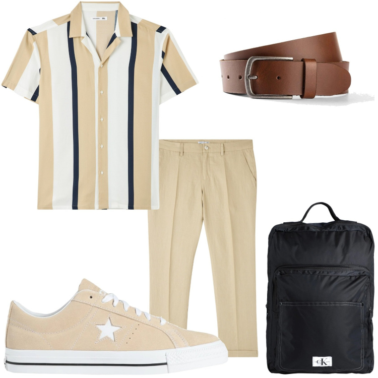 Outfit uomo - Parto per il week-end. Stile Casual per Tutti i giorni. Abbinamento con cinture, borse sportive, sneakers, camicie a manica corta, pantaloni chino.