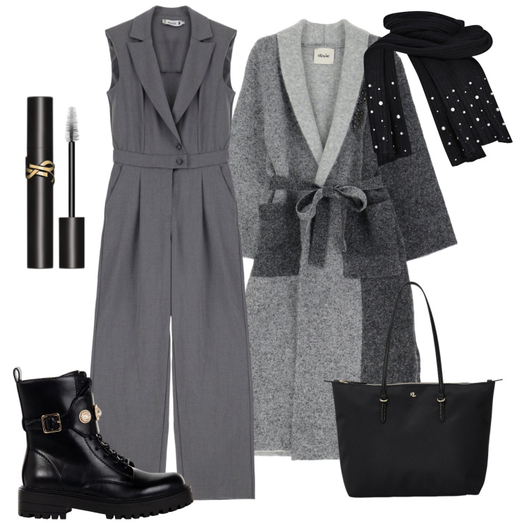 Outfit donna - Cappotto avvolgente e jumpsuite. Stile Urban per Tutti i giorni. Abbinamento con mascara, cappotti, tute, anfibi, sciarpe, borse tote.