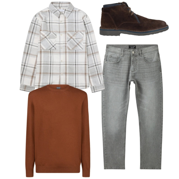 Outfit uomo - Grigio e tabacco. Stile Casual per Tutti i giorni. Abbinamento con stivali e stivaletti, jeans, cappotti, maglieria.