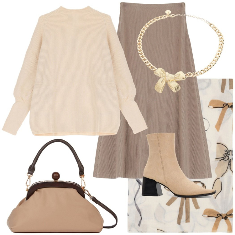 Outfit donna - Look bon ton. Stile Bon Ton per Ufficio. Abbinamento con stivaletti, sciarpe, gonne lunghe, collane, maglieria, clutch.