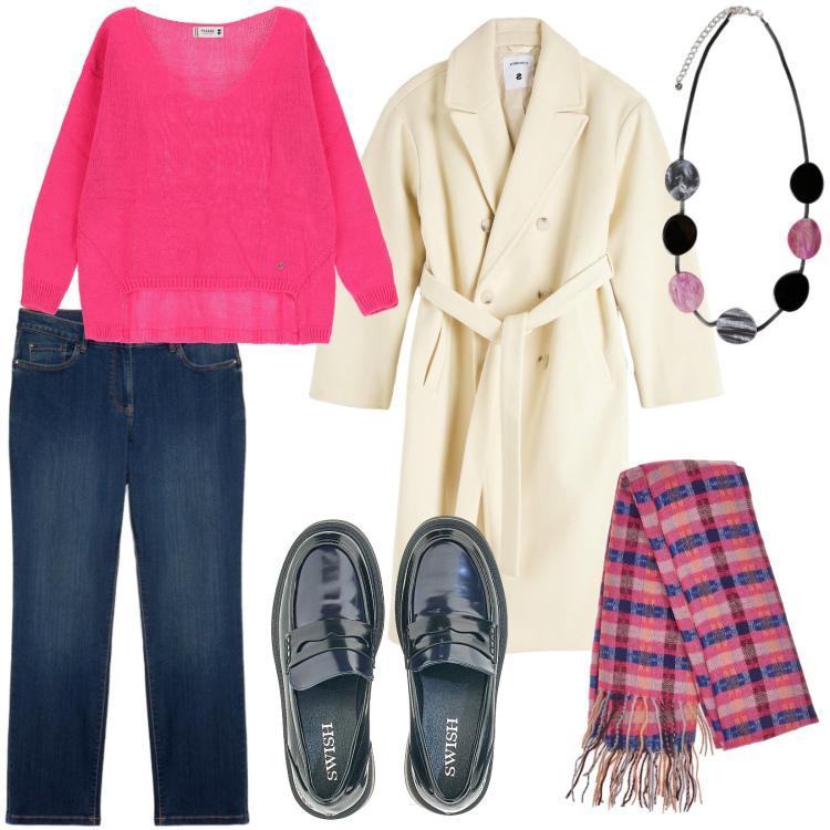 Outfit donna - Il cappotto panna e la sciarpa colorata. Stile Casual per Tutti i giorni. Abbinamento con cappotti, maglieria, mocassini, sciarpe, jeans dritti, collane.