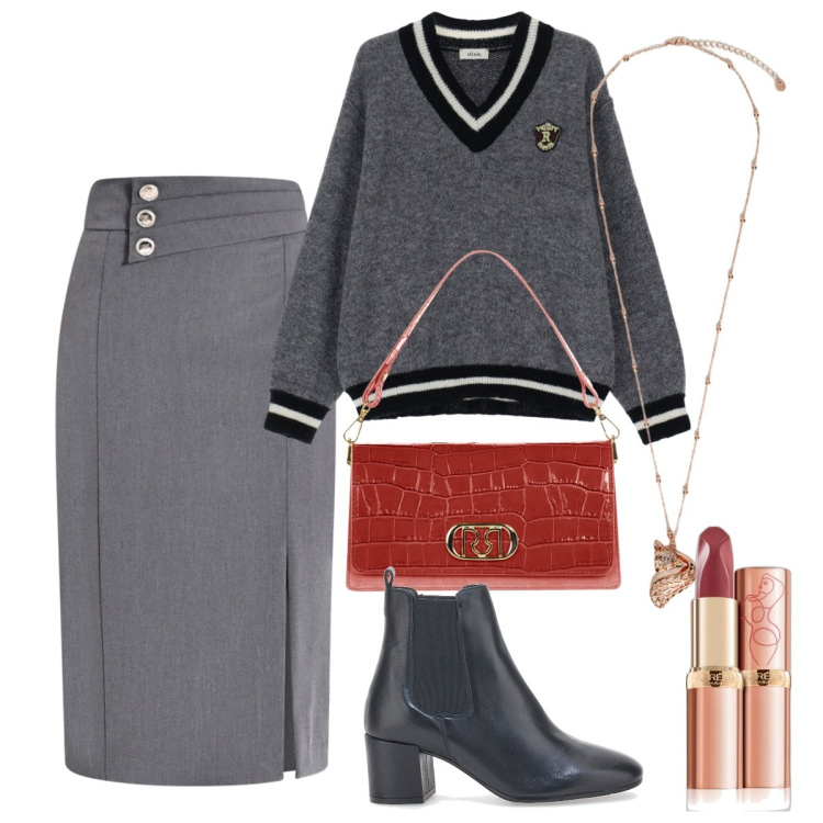 Outfit donna - Con la gonna a tubino grigia. Stile Bon Ton per Ufficio. Abbinamento con rossetti, gonne longuette, borse a tracolla, pullovers, stivaletti chelsea, ciondoli.