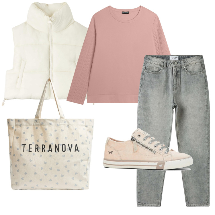 Outfit donna - Total look #2039185. Stile Romantica per Tutti i giorni. Abbinamento con sneakers, jeans mom, piumini, shopping bag, felpe.
