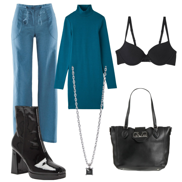 Outfit donna - Total look #2039189. Stile Casual per Tutti i giorni. Abbinamento con pantaloni a palazzo, borse a mano, vestiti, stivaletti, reggiseni, collane.