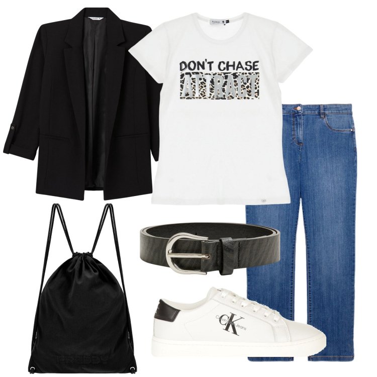 Outfit donna - Basic. Stile Basic per Tutti i giorni. Abbinamento con sneakers, blazer, cinture, t-shirt, zaini, jeans dritti.