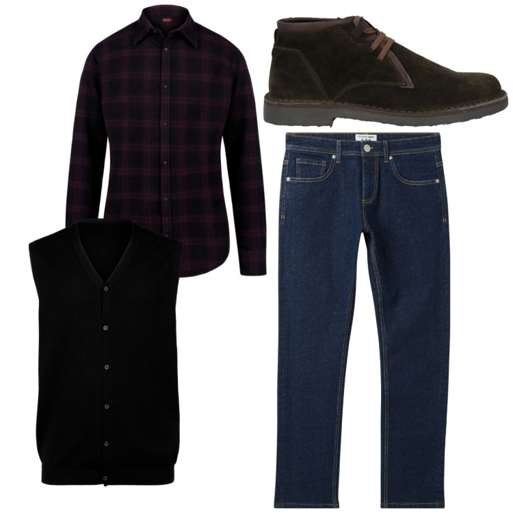 Outfit uomo - In città. Stile Casual per Tutti i giorni. Abbinamento con stivali e stivaletti, jeans, camicie, gilet.