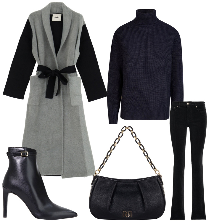 Outfit donna - Nero e grigio. Stile Chic per Serata fuori. Abbinamento con borse a tracolla, stivaletti, pantaloni, cappotti, maglieria.