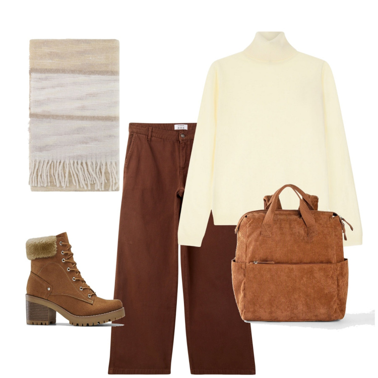 Outfit donna - Al caldo sui toni del marrone. Stile Casual per Scuola/Università. Abbinamento con stivaletti, zaini, pantaloni, foulard, maglieria.