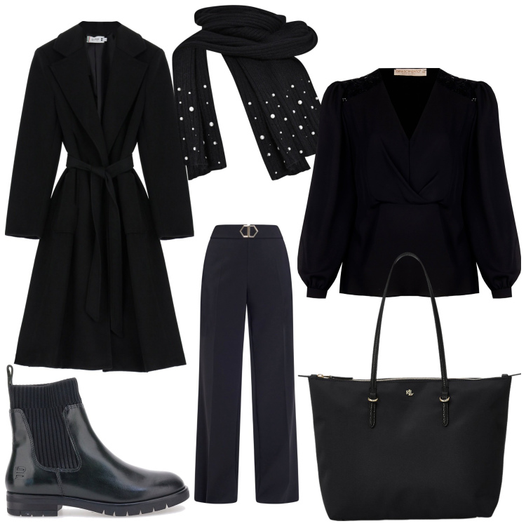 Outfit donna - Black winter. Stile Casual chic per Ufficio. Abbinamento con sciarpe, pantaloni, bluse, cappotti, borse tote, stivaletti.