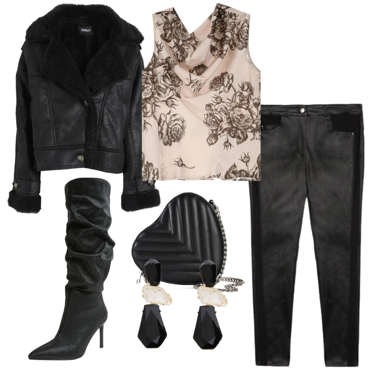 Outfit donna - Serata fuori. Stile Trendy per Serata fuori. Abbinamento con borse a tracolla, blazer, stivali, top, orecchini, pantaloni skinny.