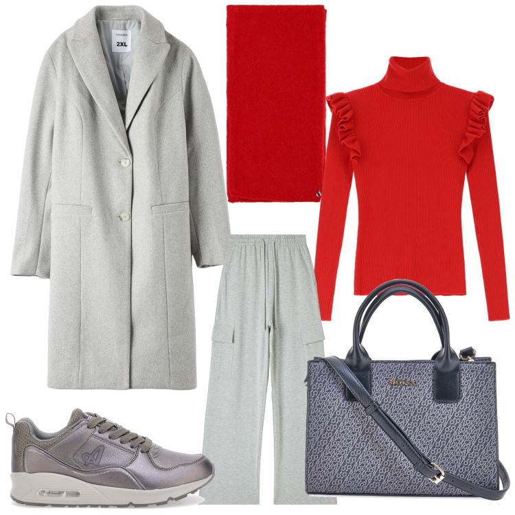 Outfit donna - Dettagli in rosso. Stile Casual chic per Ufficio. Abbinamento con pantaloni cargo, cappotti, maglieria, stole, sneakers, borse a tracolla.