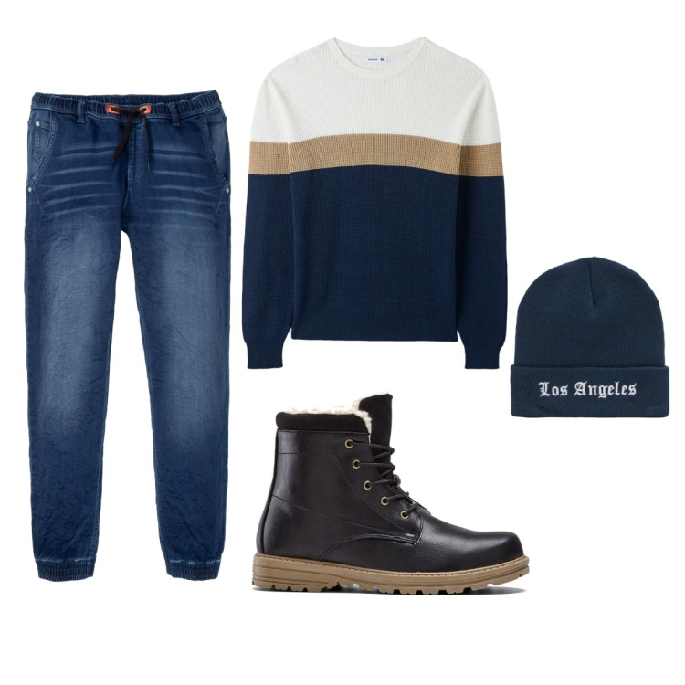 Outfit uomo - Total look #2039215. Stile Casual per Tutti i giorni. Abbinamento con stivali e stivaletti, jeans dritti, maglieria, berretti.
