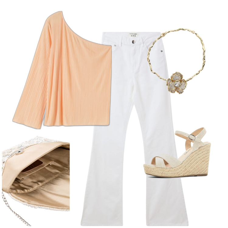 Outfit donna - Monospalla arancione. Stile Chic per Serata fuori. Abbinamento con pochette, sandali, bluse, jeans a zampa, collane.