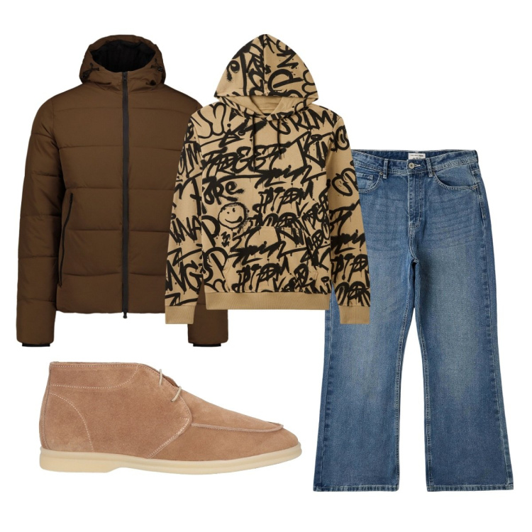 Outfit uomo - Total look #2039219. Stile Casual per Tutti i giorni. Abbinamento con stivali e stivaletti, felpe con cappuccio, jeans bootcut, piumini.