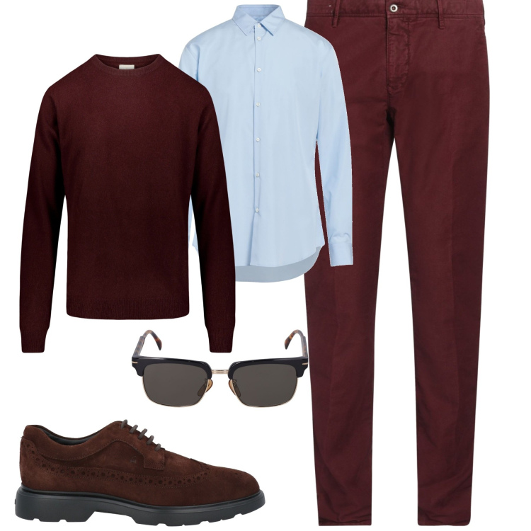 Outfit uomo - In ufficio. Stile Trendy per Ufficio. Abbinamento con camicie, pantaloni chino, scarpe stringate, maglieria, occhiali da sole.