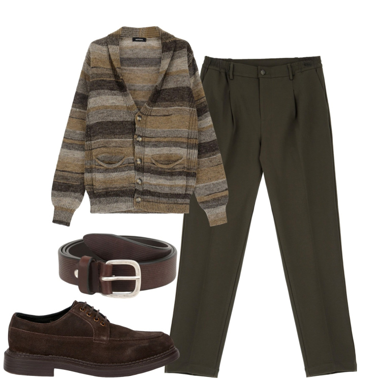Outfit uomo - Gennaio. Stile Urban per Tutti i giorni. Abbinamento con cinture, cardigans, pantaloni, scarpe stringate.