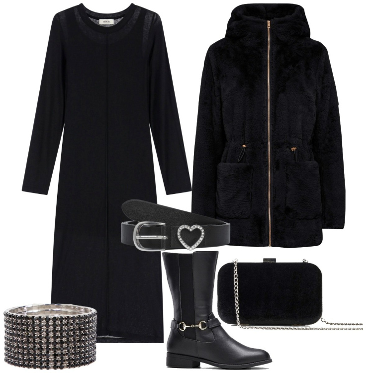 Outfit donna - Total black. Stile Casual chic per Serata fuori. Abbinamento con stivali, ecopellicce, pochette, cinture, vestiti midi/longuette, braccialetti.