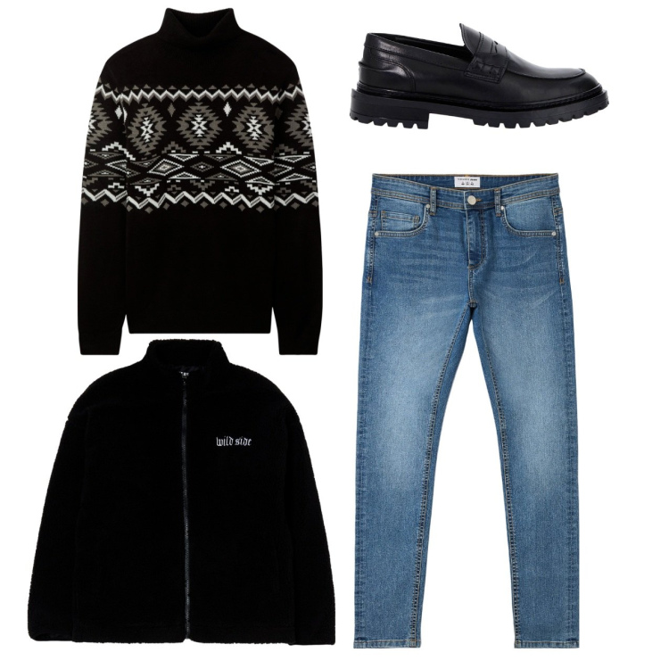 Outfit uomo - Total look. Stile Urban per Tutti i giorni. Abbinamento con maglieria, giacche, jeans skinny, scarpe stringate.