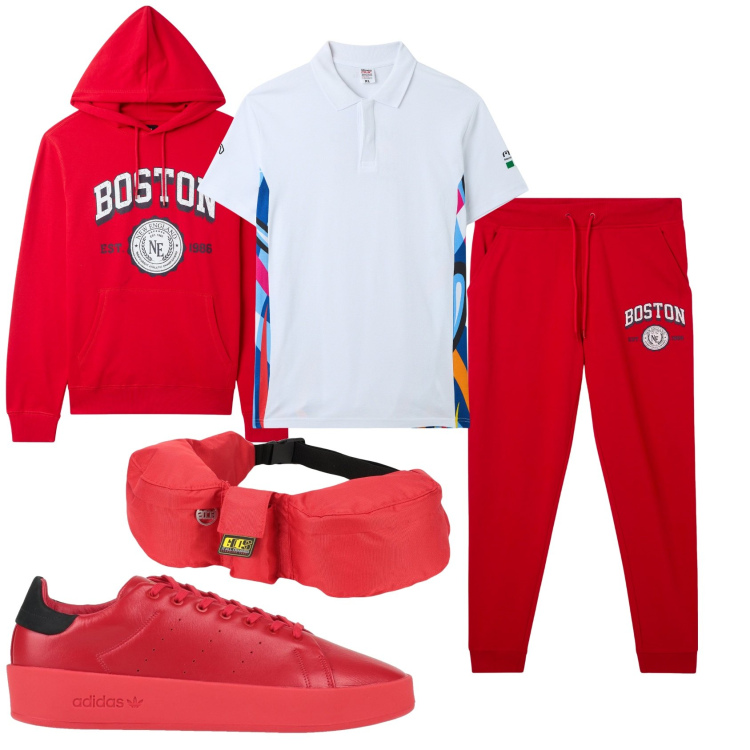Outfit uomo - Uomo in rosso. Stile Casual per Tutti i giorni. Abbinamento con sneakers, borse sportive, polo, pantaloni sportivi, felpe con cappuccio.