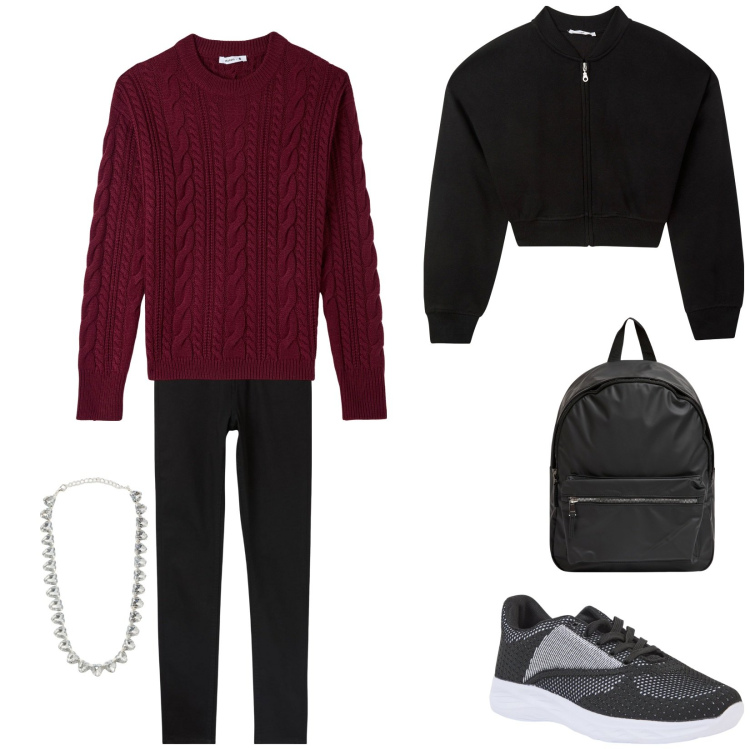 Outfit donna - Total look #2039268. Abbinamento con sneakers, collane, maglieria, bomber, zaini, pantaloni skinny.