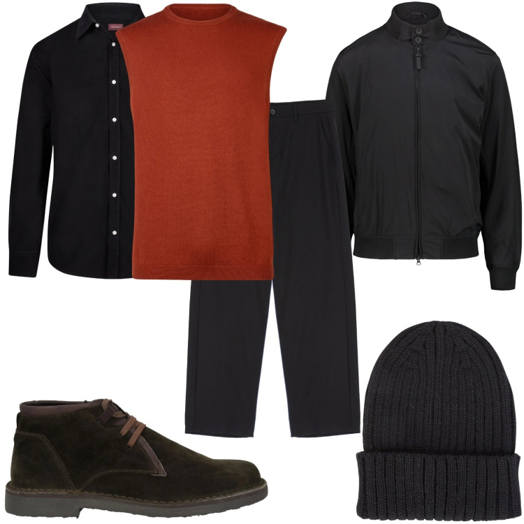 Outfit uomo - Tutto il giorno in ufficio. Stile Urban per Tutti i giorni. Abbinamento con stivali e stivaletti, pantaloni, camicie, giacche, gilet, berretti.