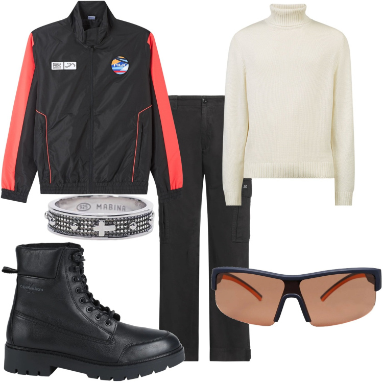 Outfit uomo - Pronto per uscire. Stile Biker Rock per Tutti i giorni. Abbinamento con stivali e stivaletti, occhiali da sole, pantaloni cargo, giacche, anelli, maglieria.