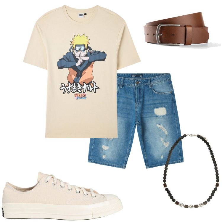 Outfit uomo - Jeans corti e maglietta. Stile Casual per Tutti i giorni. Abbinamento con cinture, sneakers, t-shirt, shorts, collane.