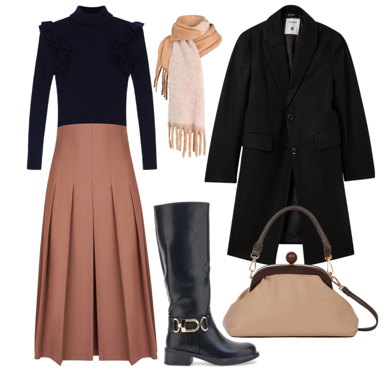 Outfit donna - La gonna midi H24. Stile Glamour per Tutti i giorni. Abbinamento con cappotti, sciarpe, maglieria, stivali, gonne longuette, clutch.