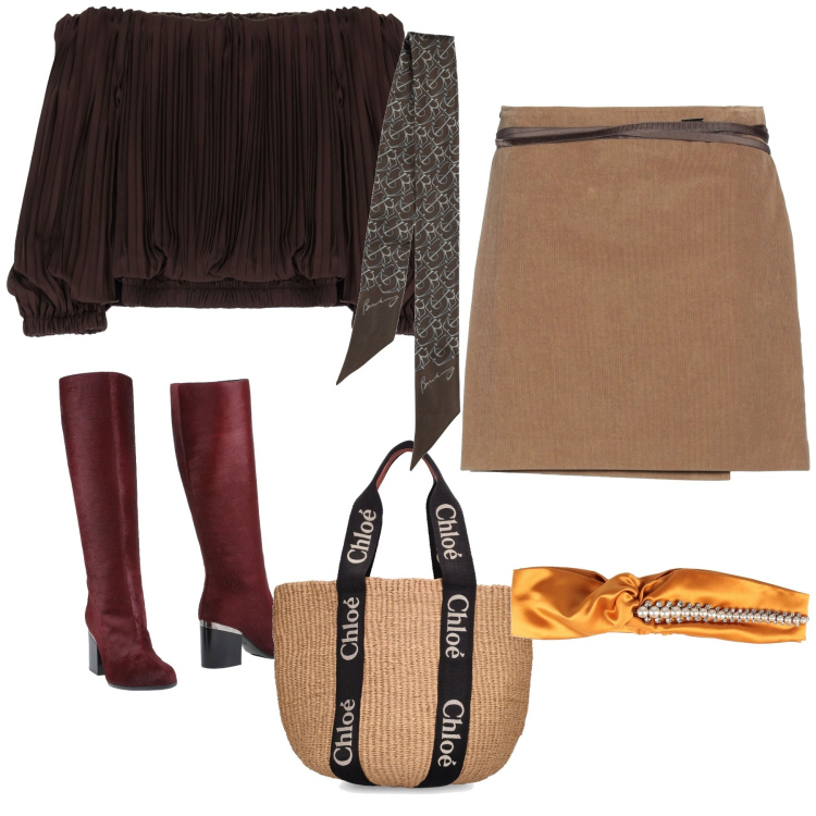 Outfit donna - Dal lavoro alla serata. Stile Glamour per Serata fuori. Abbinamento con stivali, minigonne, accessori per capelli, top, shopping bag, foulard.