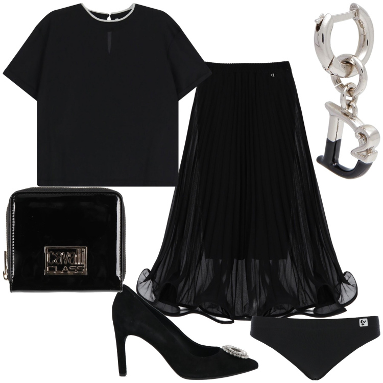 Outfit donna - Black night. Stile Glamour per Serata fuori. Abbinamento con décolleté, orecchini, portafogli, t-shirt, slip, gonne lunghe.