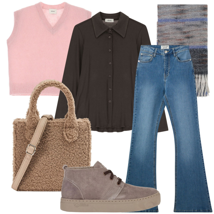 Outfit donna - Relax post feste. Stile Casual per Tutti i giorni. Abbinamento con stivaletti, jeans a zampa, shopping bag, foulard, gilet, camicie.