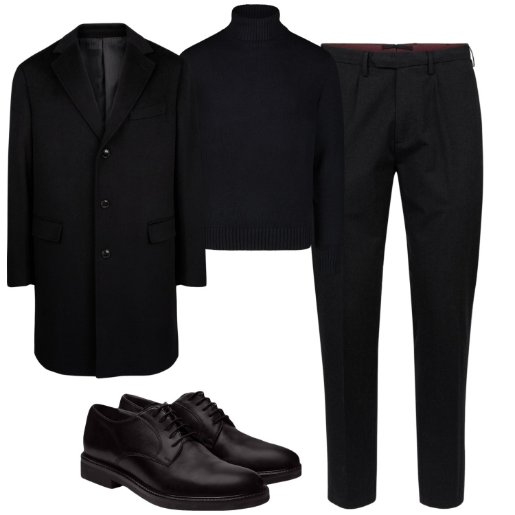 Outfit uomo - Total black city. Stile Business/Elegante per Tutti i giorni. Abbinamento con scarpe stringate, pantaloni, cappotti, maglieria.