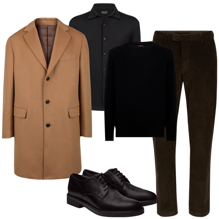 Outfit uomo - City. Stile Business/Elegante per Tutti i giorni. Abbinamento con cappotti, scarpe stringate, maglieria, pantaloni, polo.
