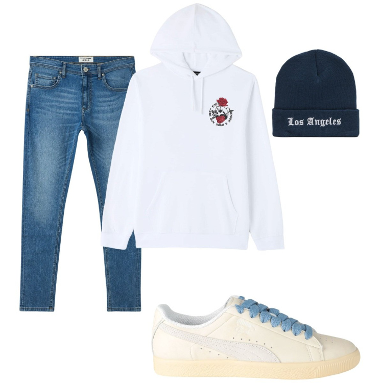 Outfit uomo - Total look #2039420. Stile Casual per Tutti i giorni. Abbinamento con sneakers, felpe con cappuccio, berretti, jeans slim fit.