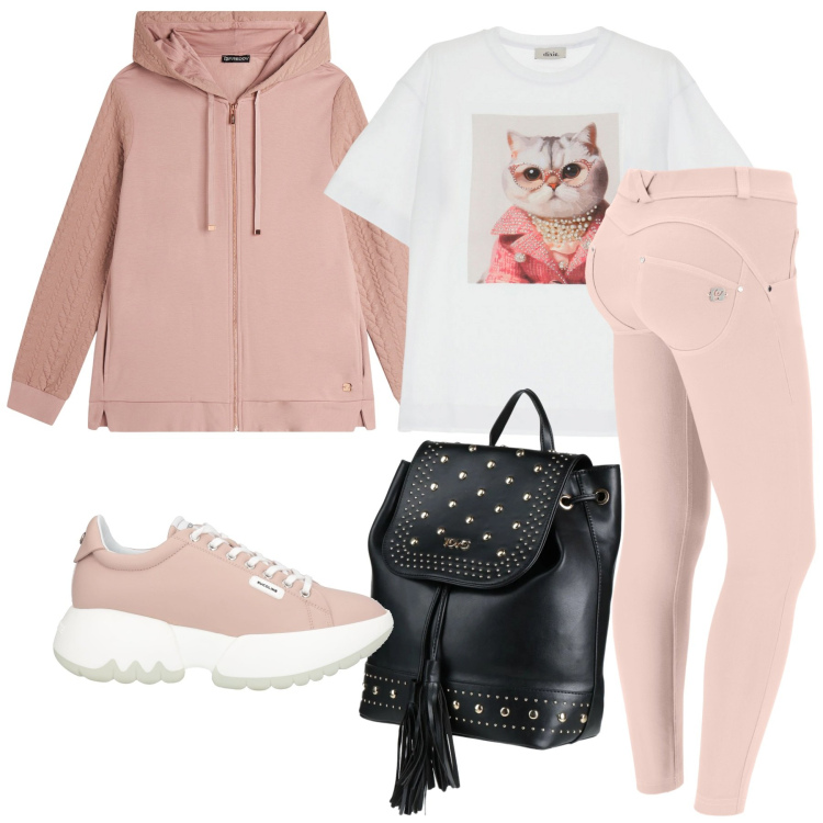 Outfit donna - Sportiva in rosa. Stile Trendy per Sport. Abbinamento con zaini, sneakers, felpe con cappuccio, pantaloni skinny, t-shirt.