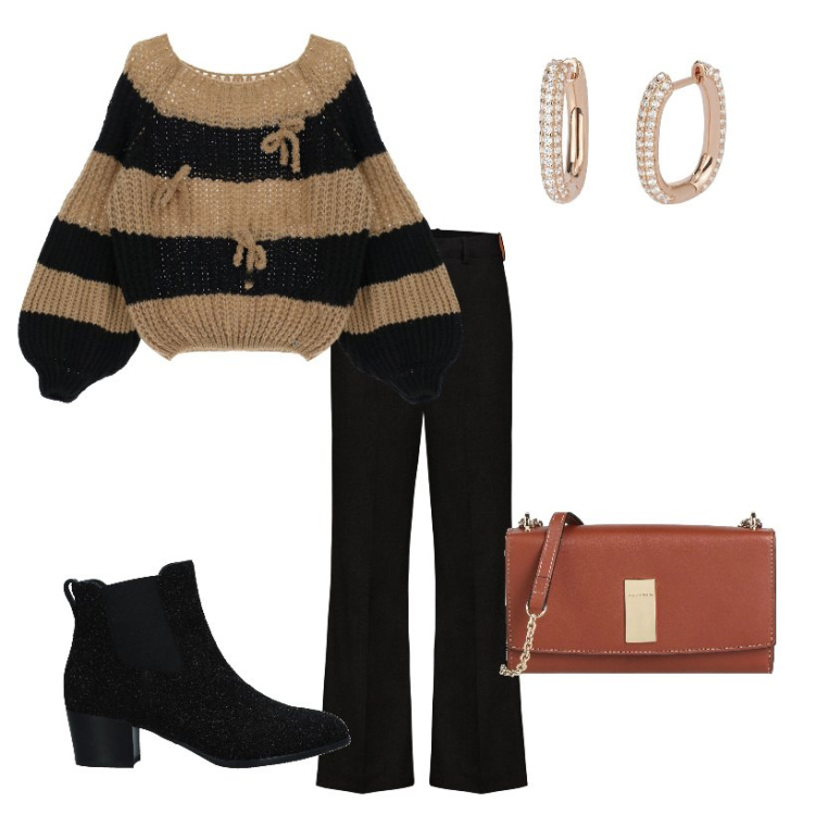 Outfit donna - In ufficio. Stile Casual per Tutti i giorni. Abbinamento con stivaletti, borse a tracolla, orecchini, maglieria, pantaloni.
