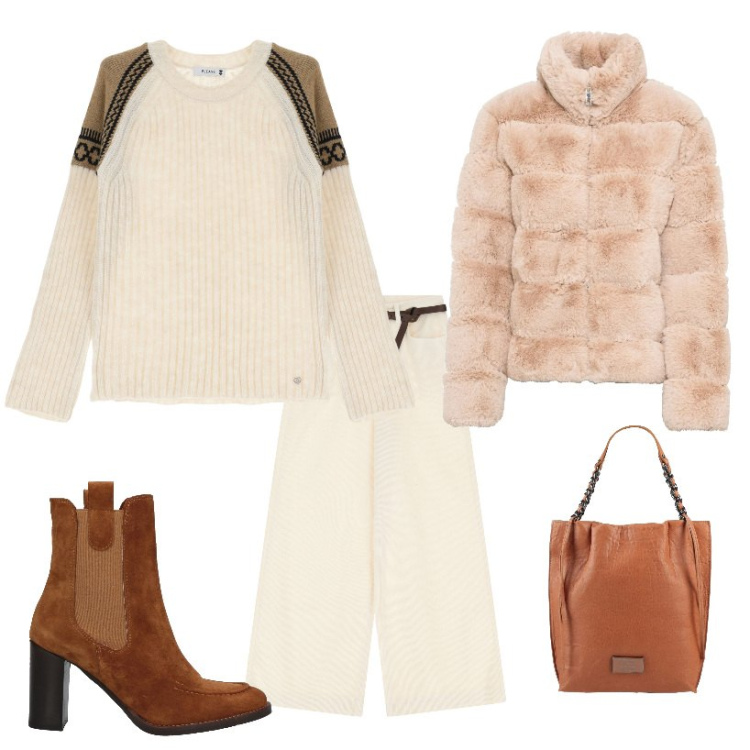 Outfit donna - Color panna. Stile Casual per Tutti i giorni. Abbinamento con ecopellicce, borse a mano, stivaletti chelsea, pullovers, pantaloni.