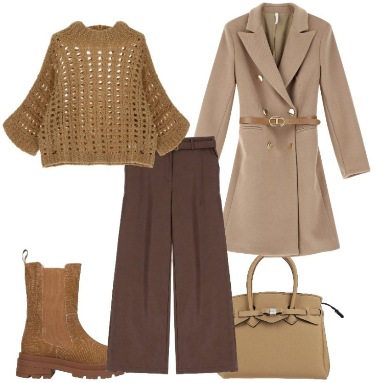 Outfit donna - Toni di marrone. Stile Casual per Tutti i giorni. Abbinamento con borse a mano, stivaletti chelsea, pantaloni, cappotti, pullovers.