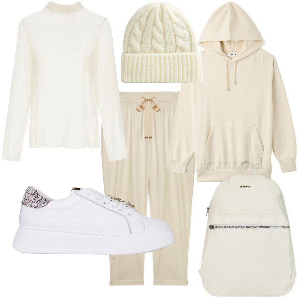 Outfit donna - Total look #2039437. Stile Basic per Tutti i giorni. Abbinamento con berretti, felpe con cappuccio, sneakers, zaini, maglieria, pantaloni.