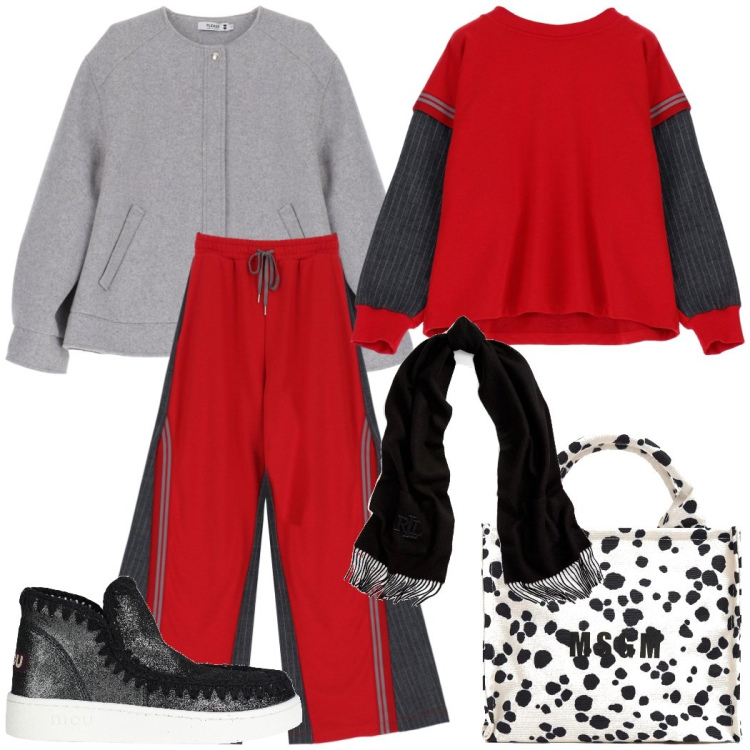 Outfit donna - Total relax. Stile Casual chic per Tutti i giorni. Abbinamento con stivaletti, sciarpe, bomber, felpe, pantaloni, shopping bag.