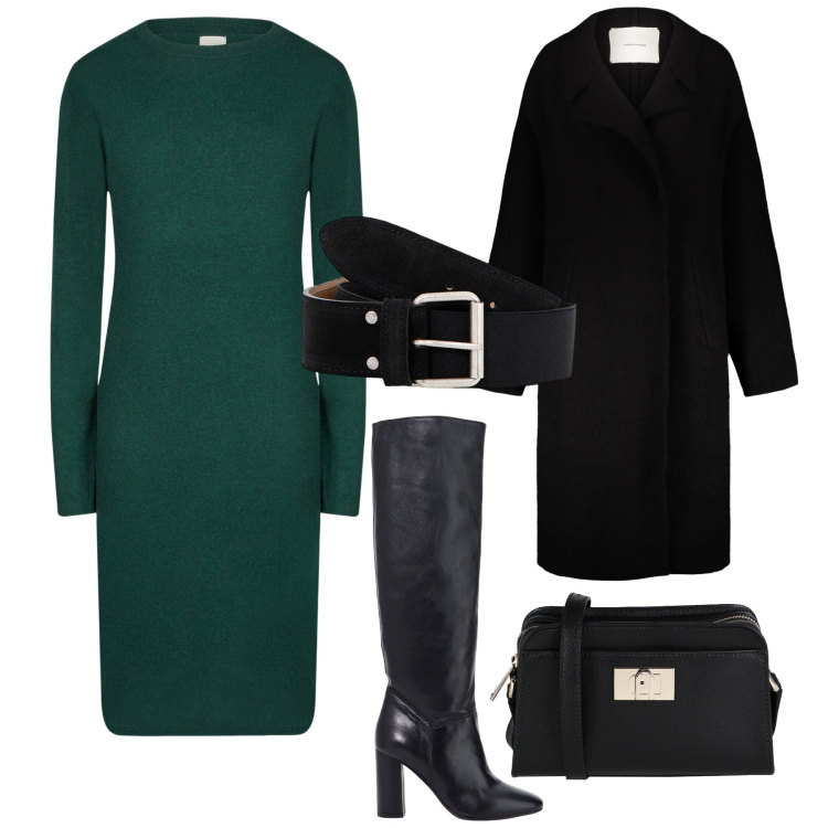 Outfit donna - Abito in maglia. Stile Minimal per Ufficio. Abbinamento con borse a tracolla, stivali, cinture, vestiti midi/longuette, cappotti.
