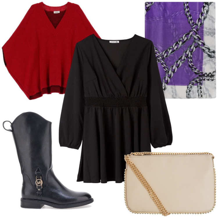 Outfit donna - Cappa rossa e sciarpa viola!. Stile Trendy per Tutti i giorni. Abbinamento con vestiti corti, borse a tracolla, cappotti, stivaletti, sciarpe.