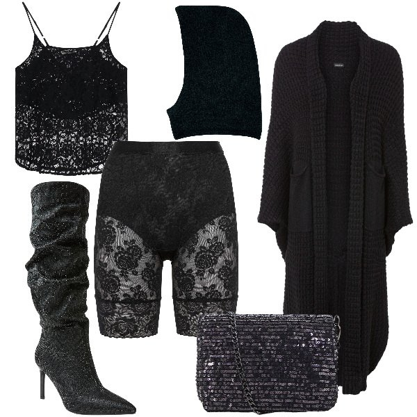 Outfit donna - Total look #2039462. Stile Sexy per Serata fuori. Abbinamento con pantaloni corti, cardigans, stivali, top, borse a tracolla, sciarpe.