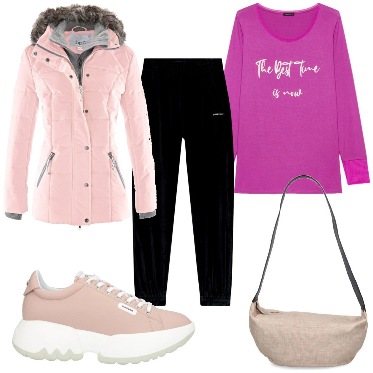 Outfit donna - Relax in rosa post feste. Stile Trendy per Tutti i giorni. Abbinamento con piumini, sneakers, pantaloni, t-shirt, borse a spalla.